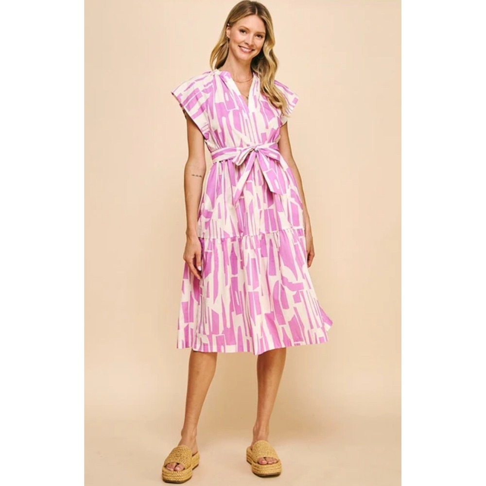 Pinch Pink White‎ Print Midi Dress Belted Tiered V Neck Cap Sleeve Womens